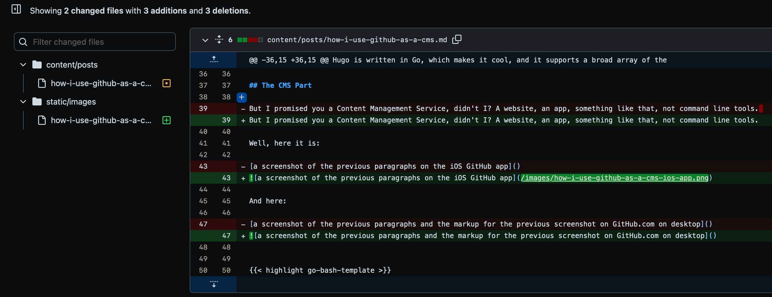 a screenshot of the diff of the previous paragraphs and the markup for these screenshots on GitHub.com on desktop